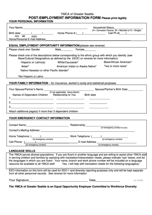 Ymca Of Greater Seattle - Post-Employment Information Form Printable pdf