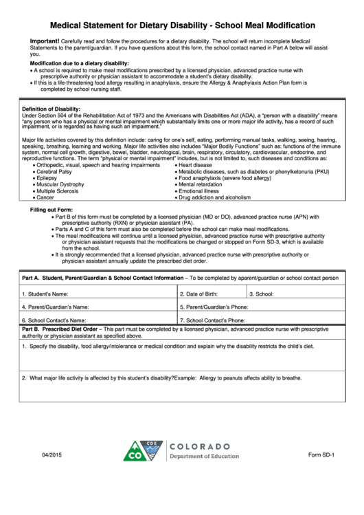 Form Sd 1 Medical Statement For Dietary Disability School Meal 