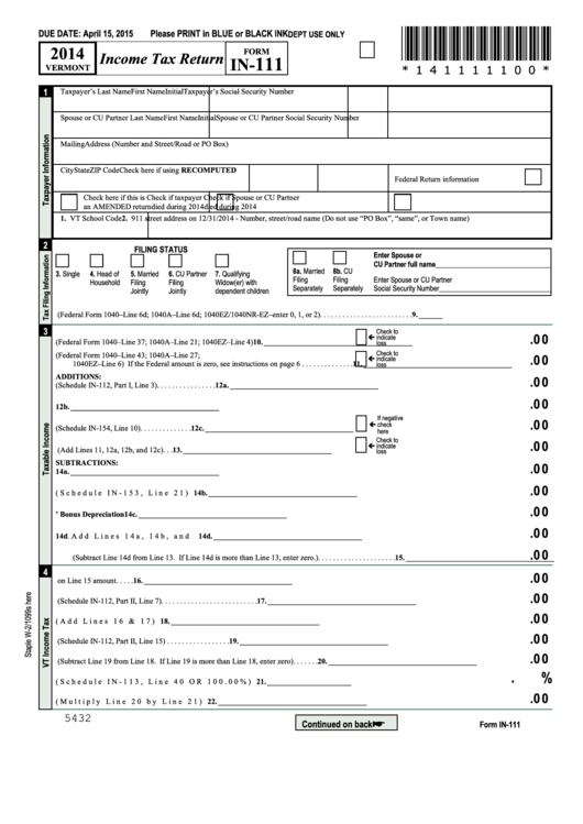 Form In-111 - Vermont Income Tax Return - 2014 Printable pdf