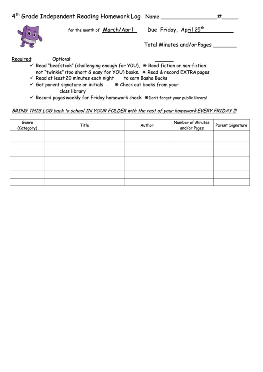 4th Grade Independent Reading Homework Log Printable pdf