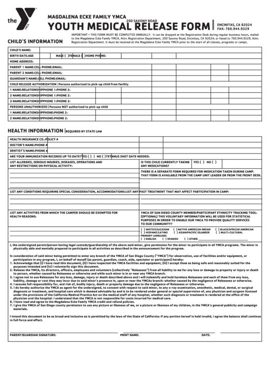 Youth Medical Release Form Magdalena Ecke Family Ymca Printable pdf