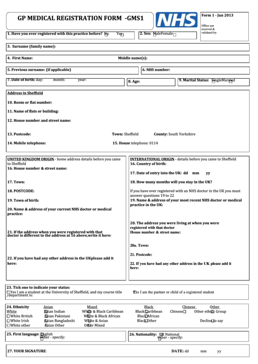 Form 1 - Gp Medical Registration Form - Gms1 - University Of Sheffield Printable pdf