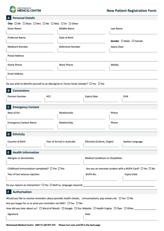New Patient Registration Form - Westwood Medical Centre Printable pdf