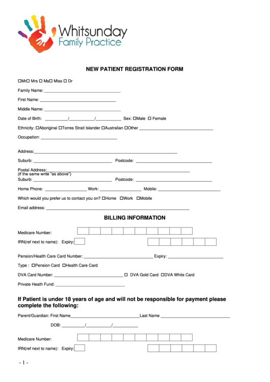 New Patient Registration Form Billing Information Printable pdf