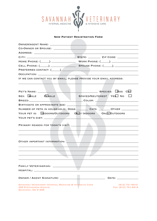 New Patient Registration Form - Savannah Veterinary Internal Printable pdf