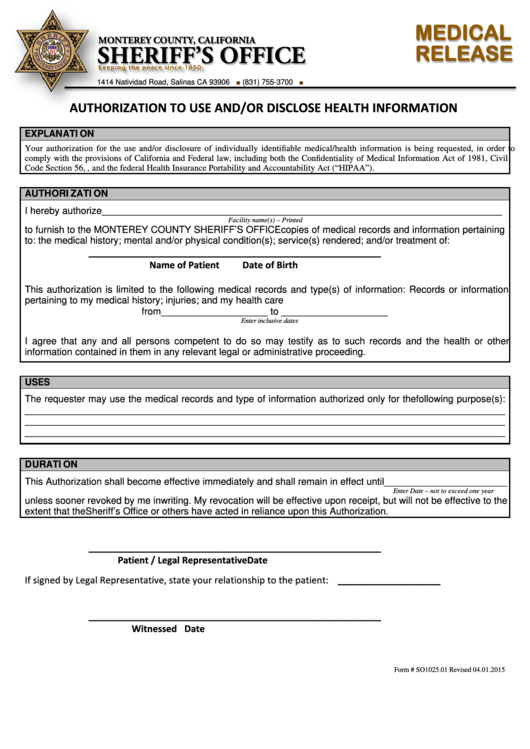 Medical Release Form - Monterrey County Sheriff
