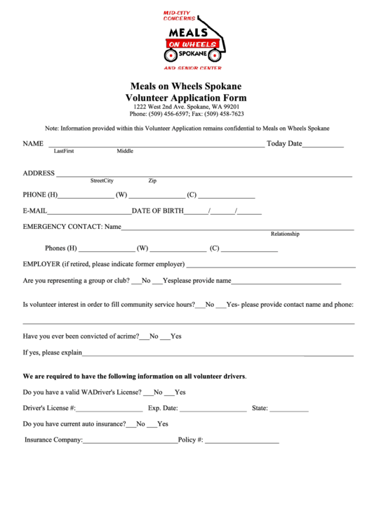 Volunteer Form - Spokane Meals On Wheels Printable pdf