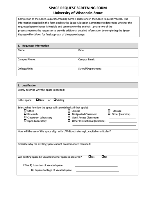 Fillable Space Request Screening Form University Of Wisconsin Stout Printable pdf