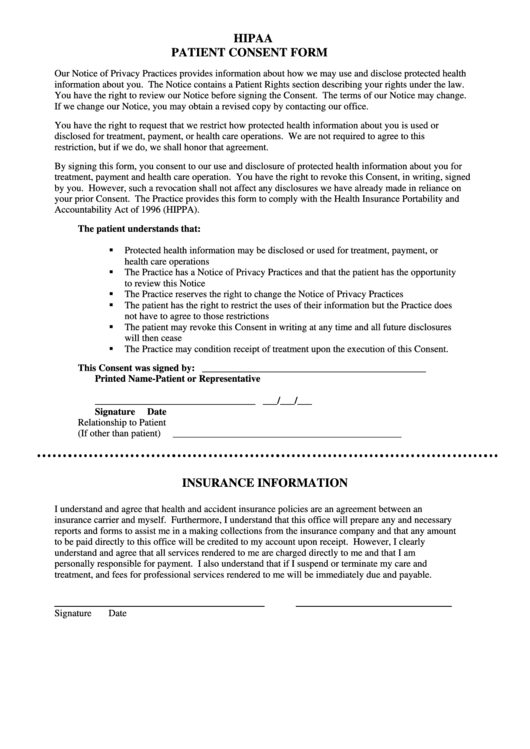 Hipaa Patient Consent Form With Insurance Information Printable pdf