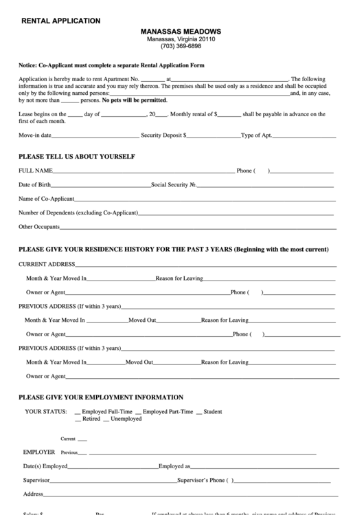 Manassas Meadows Rental Application Printable pdf