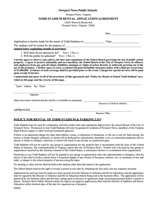 Stadium Rental Form - Newport News Public Schools Printable pdf