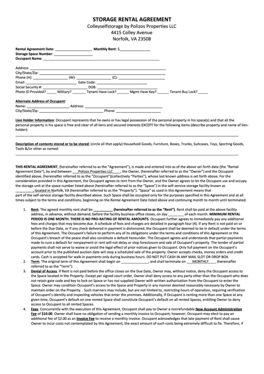 Storage Rental Agreement Printable pdf