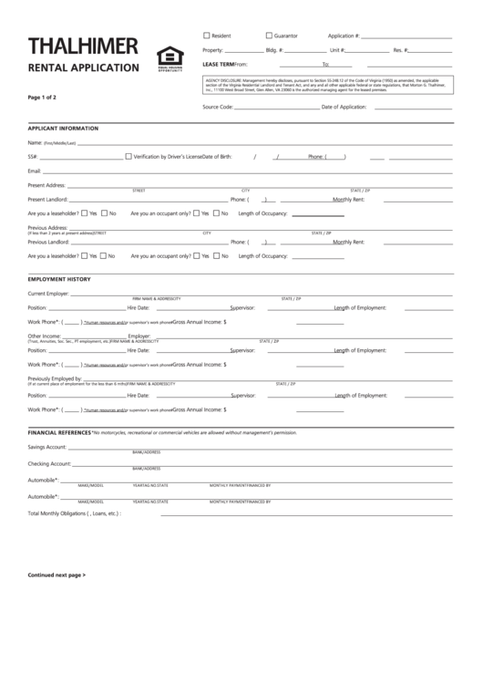 Rental Application - Thalhimer Apartments Printable pdf