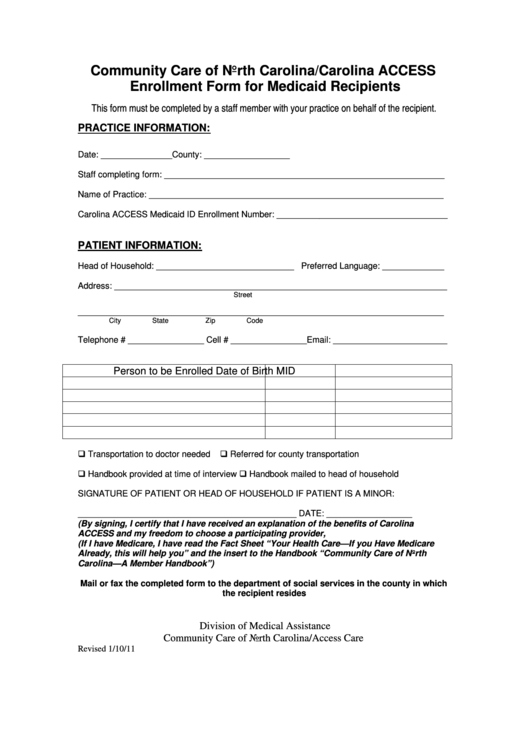 Enrollment Form For Medicaid Recipients Printable pdf