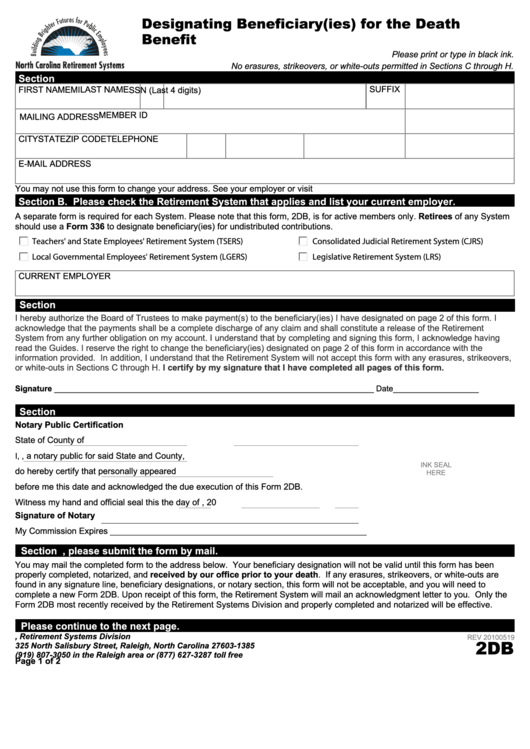 Fillable Form 2db - Designating Beneficiary(Ies) For The Death Benefit Printable pdf