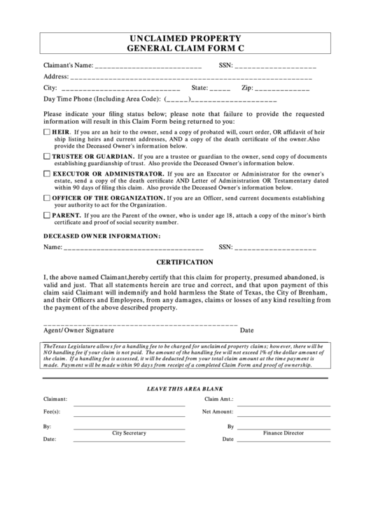 Unclaimed Property General Claim Form Printable pdf