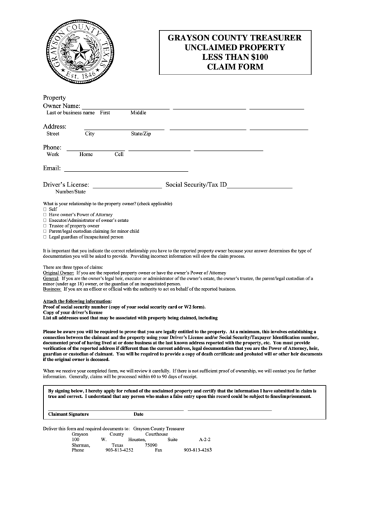 Fillable Unclaimed Property Claim Form - Grayson County Printable pdf