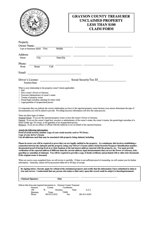 Fillable Unclaimed Property Claim Form Grayson County Printable Pdf 