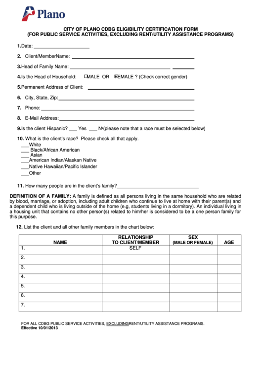 City Of Plano Cdbg Eligibility Certification Form Printable pdf