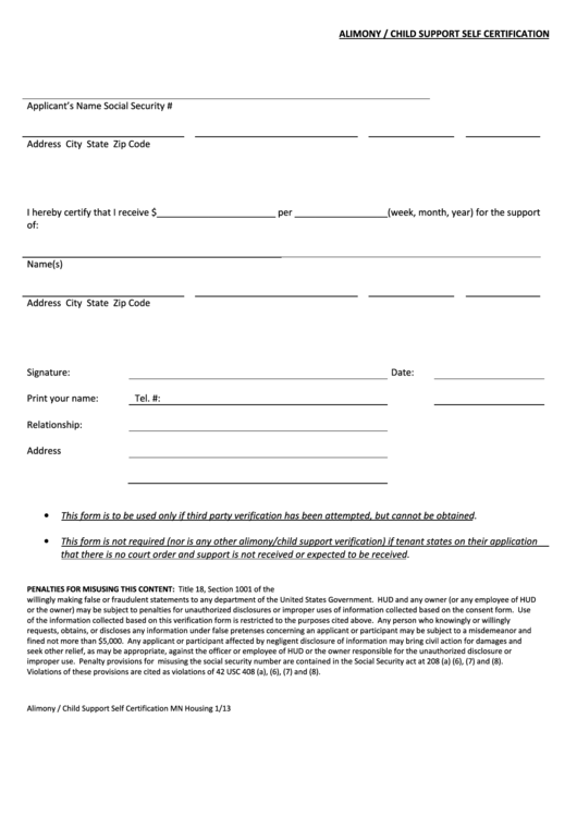 Child Support Self Certification Form Printable pdf