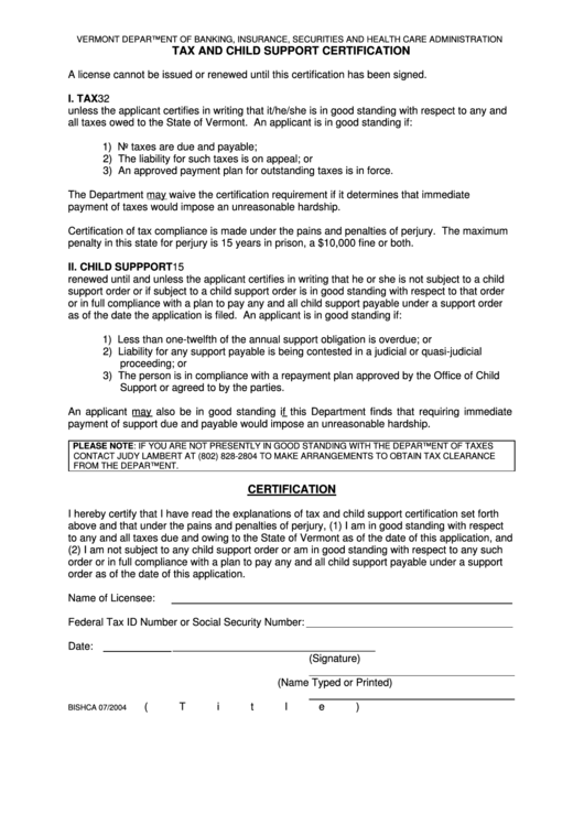 Tax And Child Support Certification Certification Printable pdf