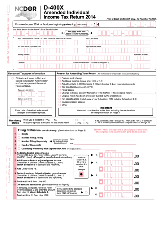 Form D-400x - Amended Individual Income Tax Return - 2014 Printable pdf
