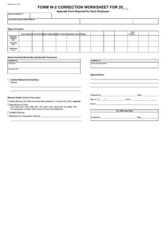 Fillable Form W2 Correction Worksheet Printable pdf