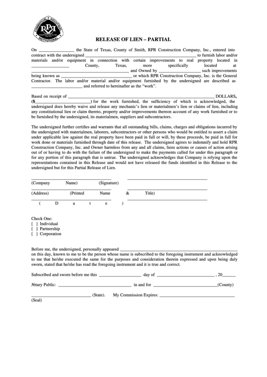 Release Of Lien Form - Partial - Rpr Construction Printable pdf