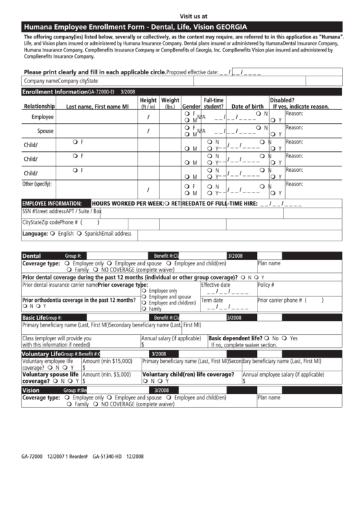 Form Ga-72000 - Humana Employee Enrollment Form - Dental, Life, Vision - 2007 Printable pdf
