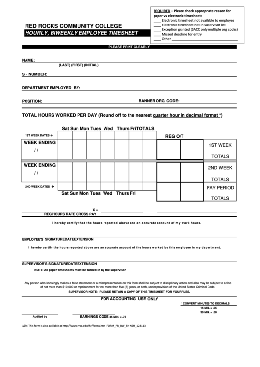 Timesheet For Bi-weekly Employees - Red Rocks Community College