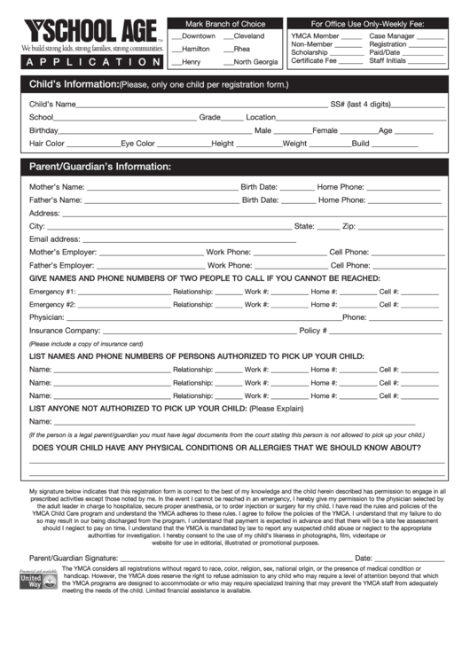 Before/after School Registration Form - Ymca Of Metropolitan Chattanooga Printable pdf