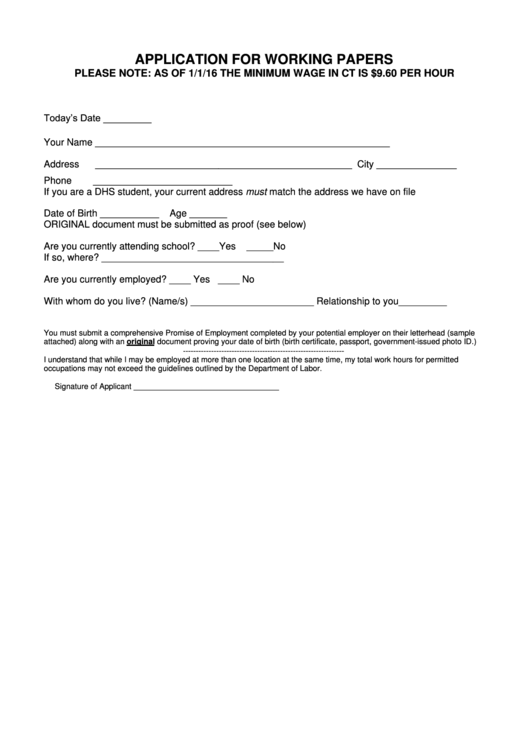 Application For Working Papers Printable pdf