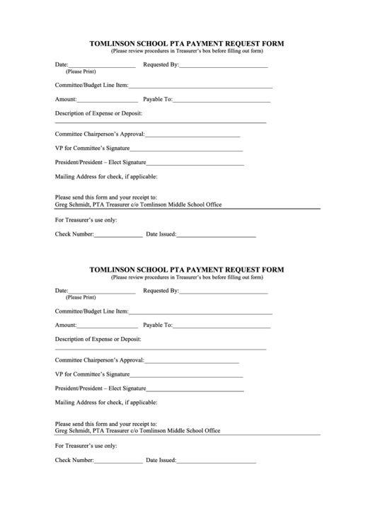Tomlinson School Pta Payment Request Form Printable pdf