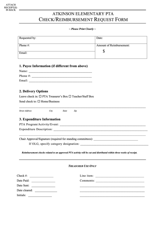 Atkinson Elementary Pta Check/reimbursement Request Form Printable pdf
