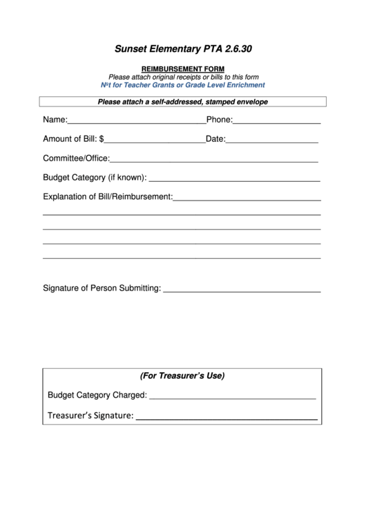 Sunset Elementary Pta Reimbursement Form Printable pdf