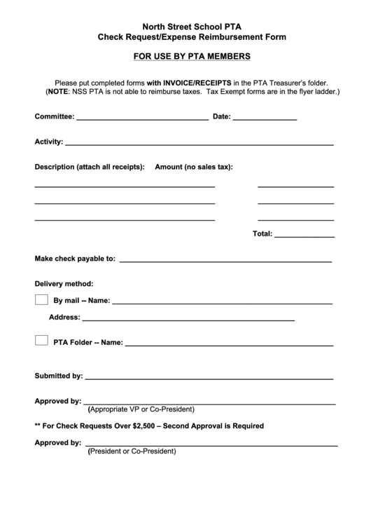 North Street School Pta Check Request/expense Reimbursement Form