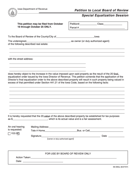 Fillable Petition Form To Local Board Of Review Special Equalization Session Printable pdf