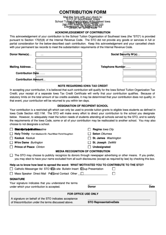 Fillable Contribution Form - School Tuition Organization Of Southeast Iowa Printable pdf