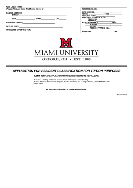 Fillable Application For Resident Classification For Tuition Miami University Printable pdf
