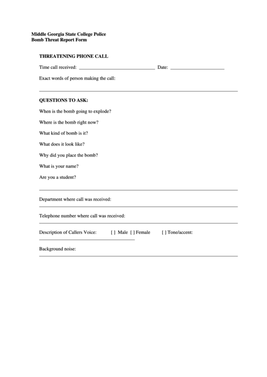 Bomb Threat Call Report Form Printable pdf