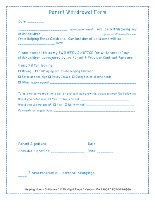 Parent Withdrawal Form Printable pdf