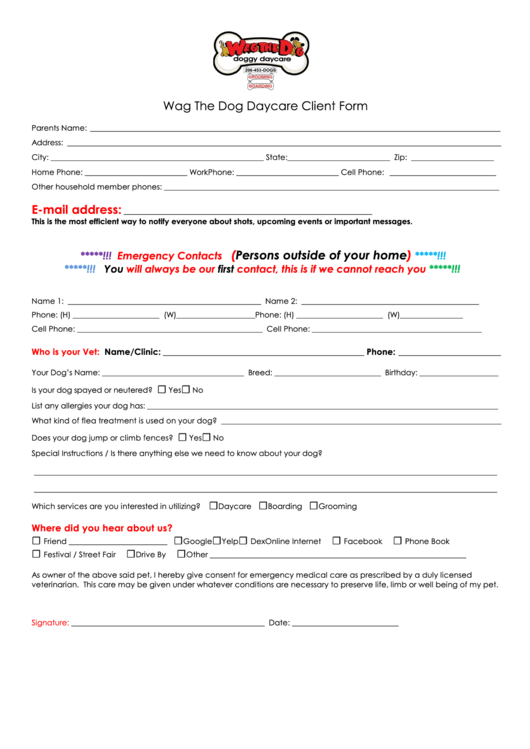 Fillable Wag Doggie Day Care Client Form - Wag The Dog Daycare Printable pdf