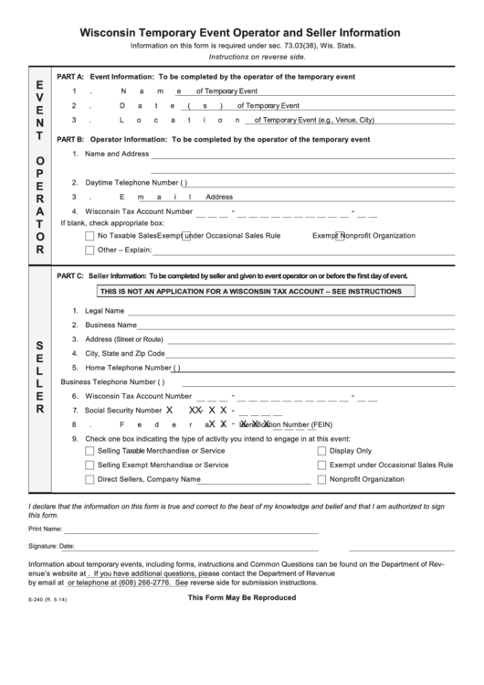 Wisconsin Temporary Event Operator And Seller Information Form Printable pdf
