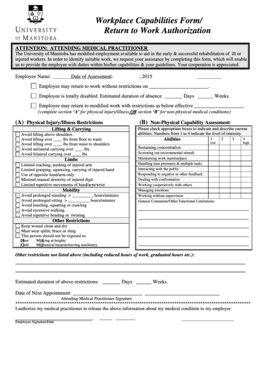 Workplace Capabilities Form Return To Work Authorization printable pdf ...