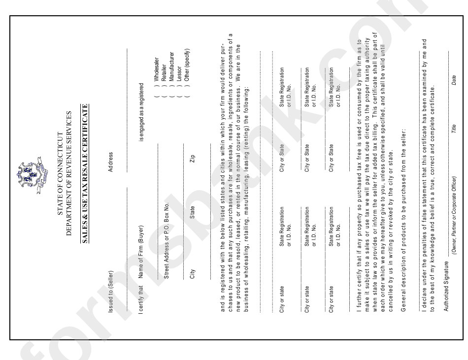 Sales And Use Tax Resale Certificate With Cert-119 Form Template