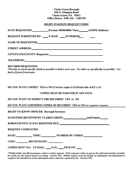 Right To Know Request Form - Clarks Green Borough Printable pdf