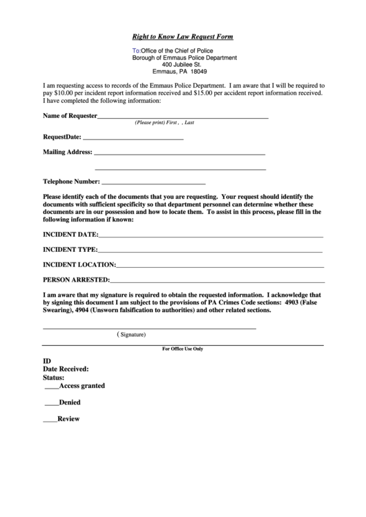 Right To Know Request Form - Borough Of Emmaus Printable pdf