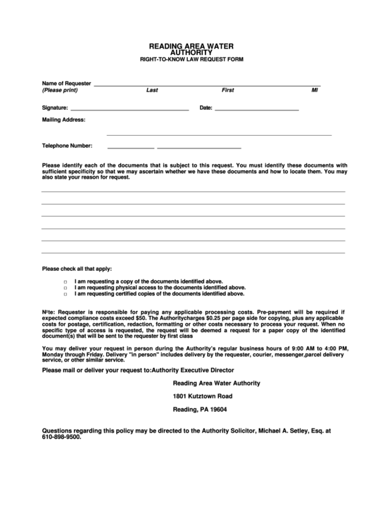 Water Authority Right To Know Request - Reading Area Water Authority Printable pdf
