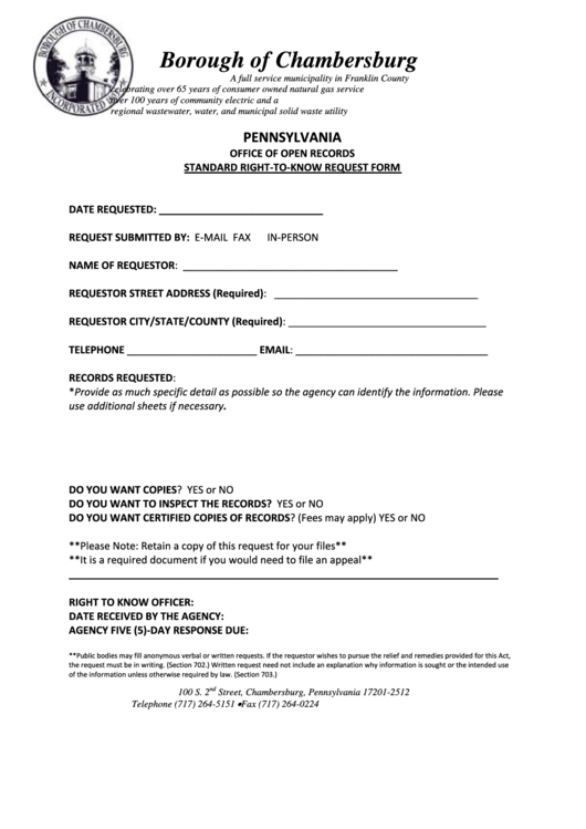 Standard Right-To-Know Request Form - Borough Of Chambersburg Printable pdf