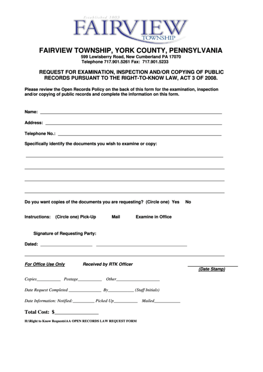 Right To Know Request Form - Fairview Township Printable pdf